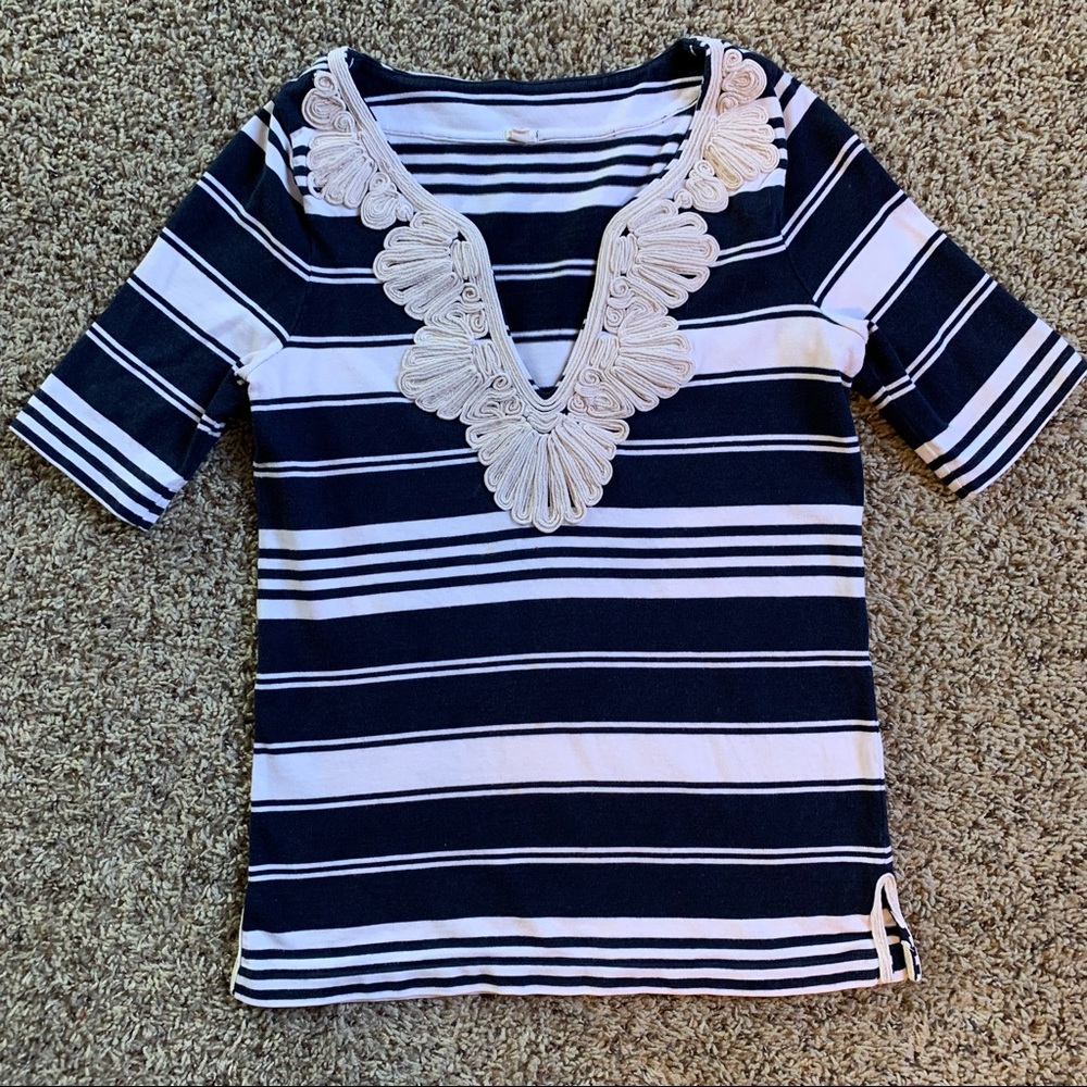 J. Crew Navy Striped Embroidered Tee size Sm